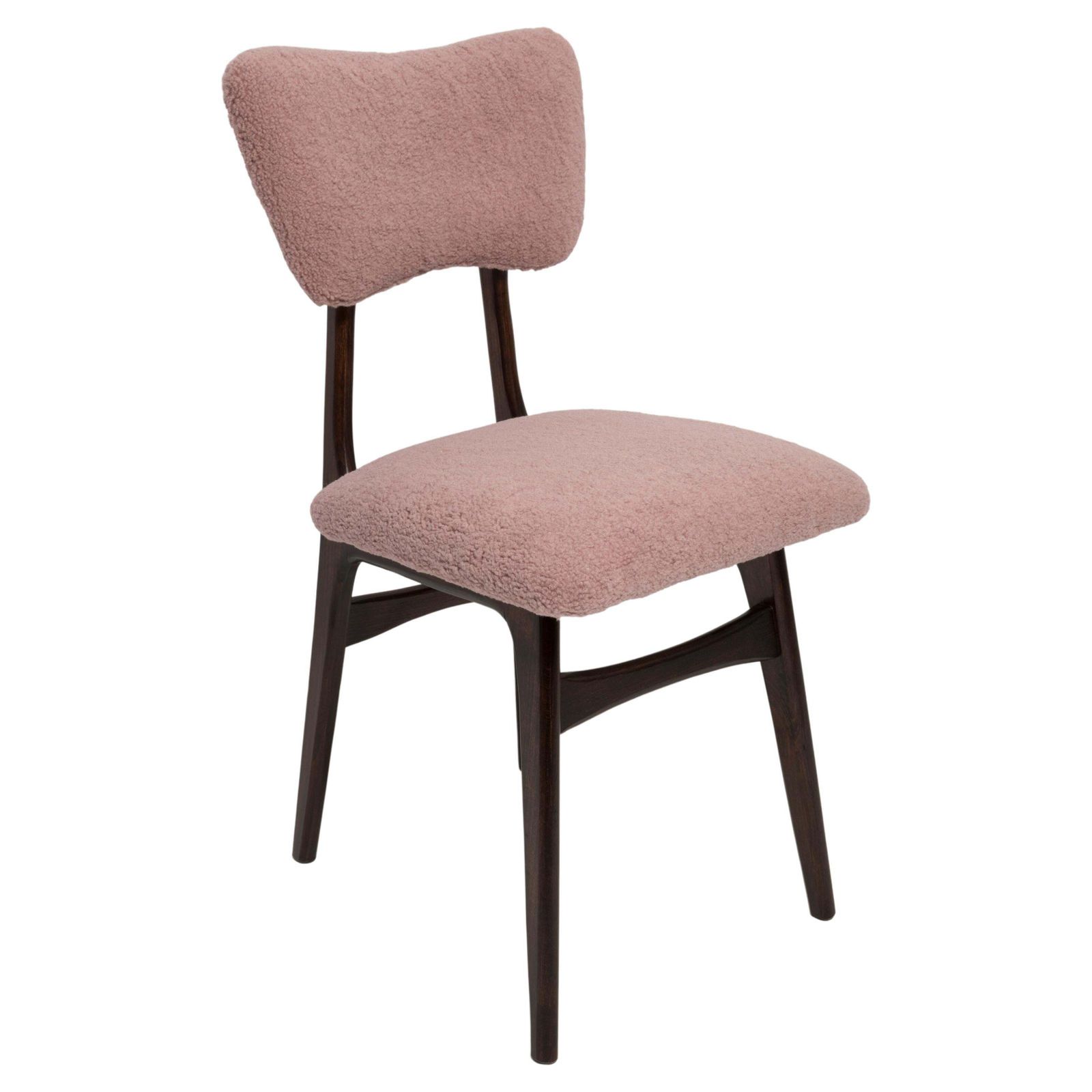 Mid Century Butterfly Dining Chair, Pink Boucle And Walnut Wood, Poland, 1960s