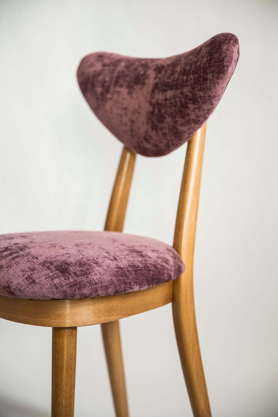 Midcentury Plum Violet Velvet, Light Wood Heart Chair, Europe, 1960s photo for sale