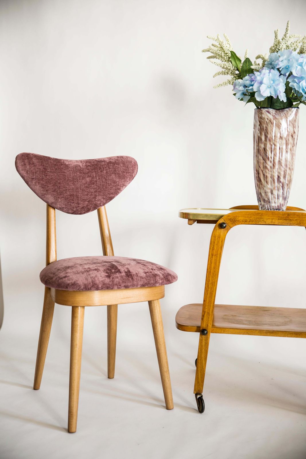 Midcentury Plum Violet Velvet, Light Wood Heart Chair, Europe, 1960s photo Furniture