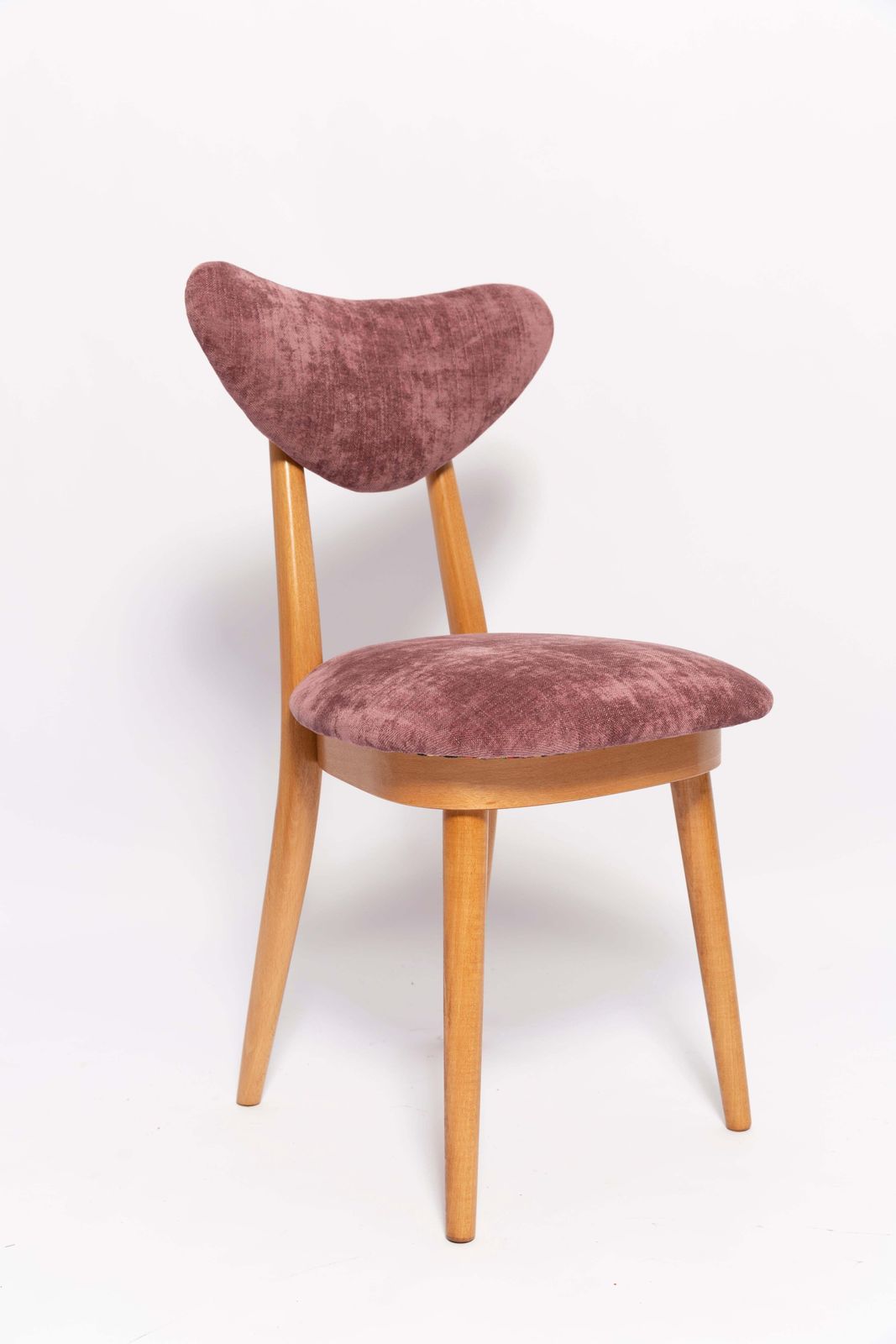 Midcentury Plum Violet Velvet, Light Wood Heart Chair, Europe, 1960s photo buy