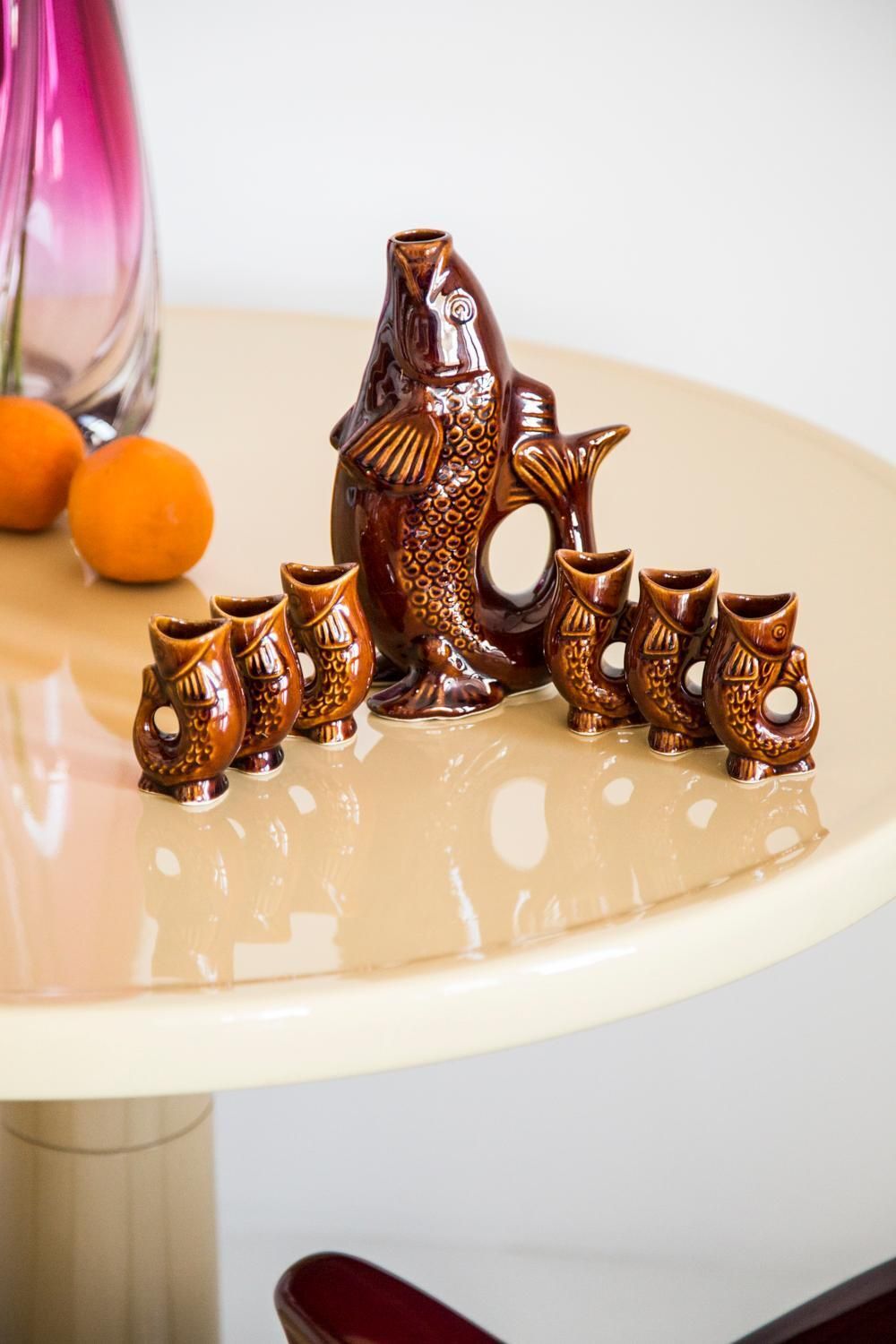 Brown Fish Glass Decanter And Glasses, 20th Century, Europe, 1960s photo furniture