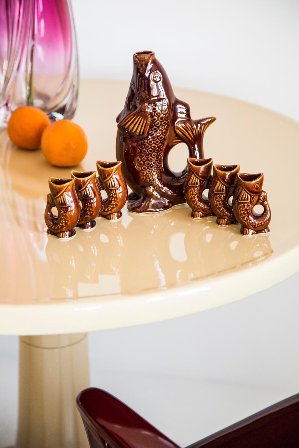 Brown Fish Glass Decanter And Glasses, 20th Century, Europe, 1960s photo 340.0