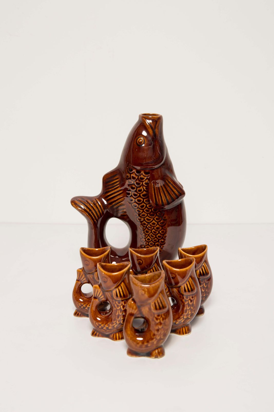 340.0 Brown Fish Glass Decanter And Glasses, 20th Century, Europe, 1960s photo