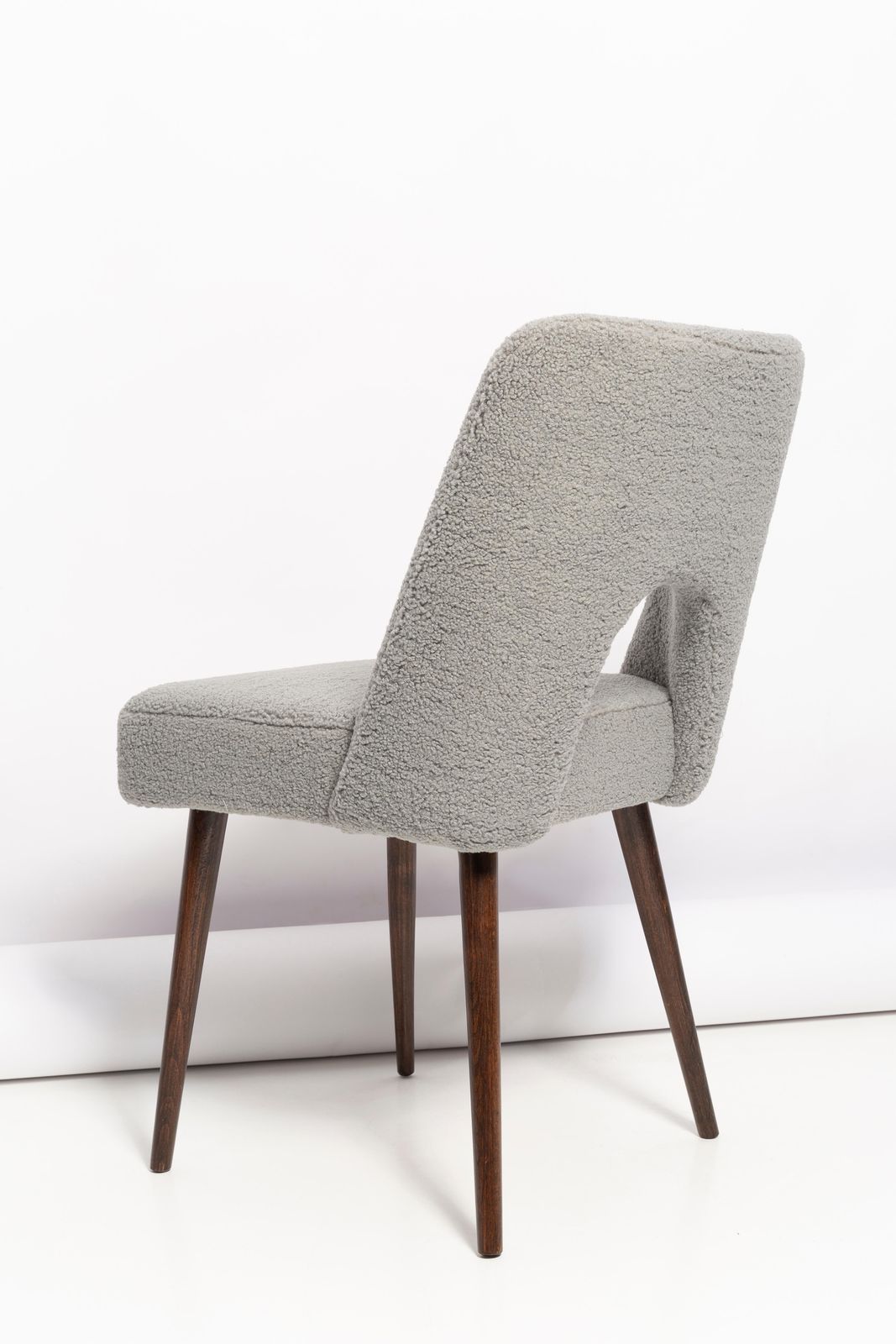 photo furniture Gray Boucle 'Shell' Chair, Dark Brown Beech Wood, Poland, 1960s