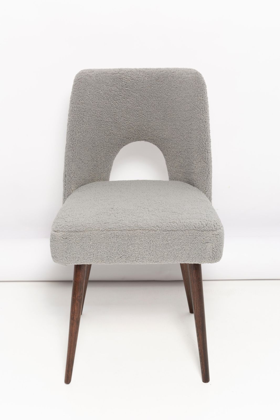 Furniture Gray Boucle 'Shell' Chair, Dark Brown Beech Wood, Poland, 1960s photo