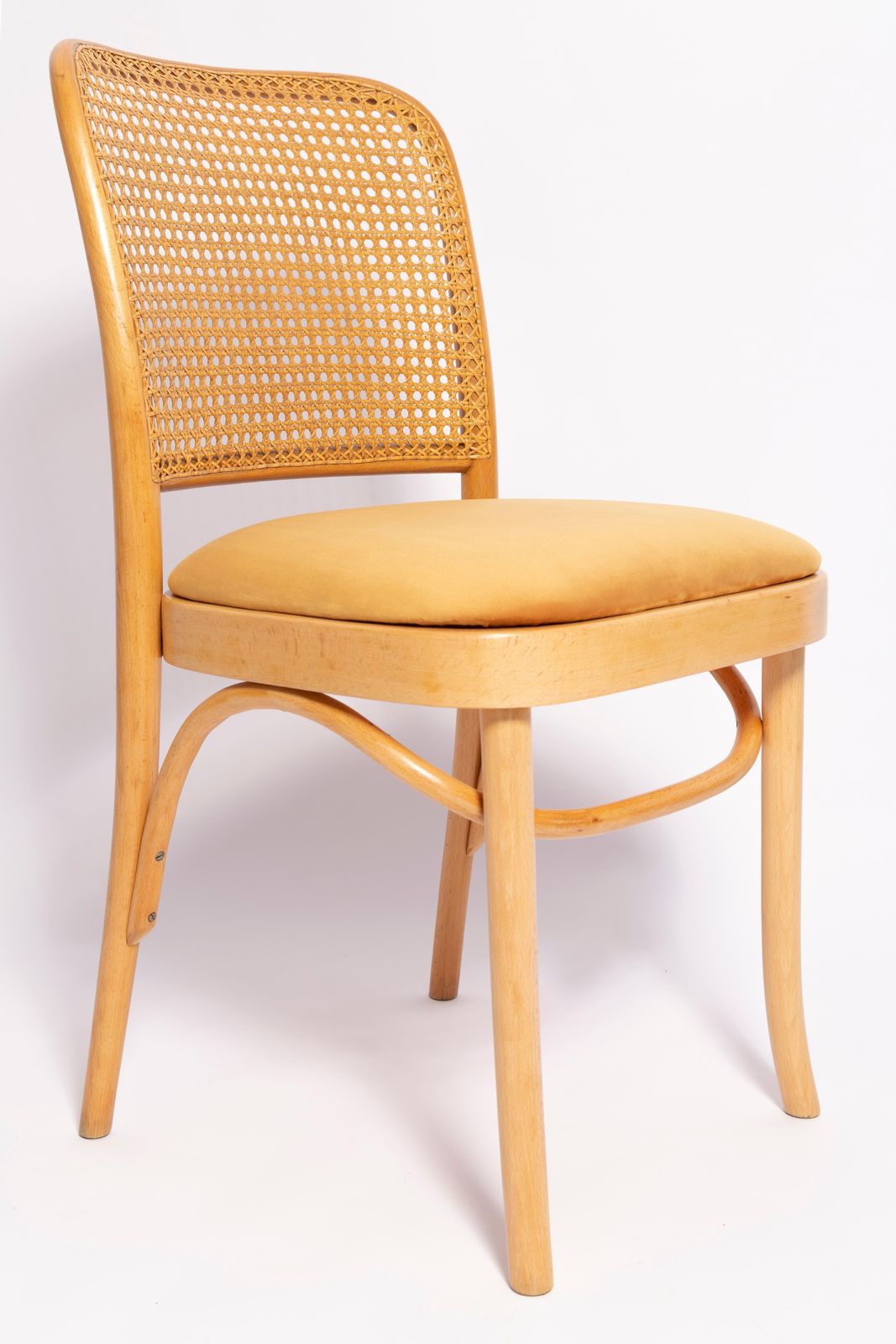 Mid Century Yellow Velvet Thonet Wood Rattan Chair, Europe, 1960s photo for sale