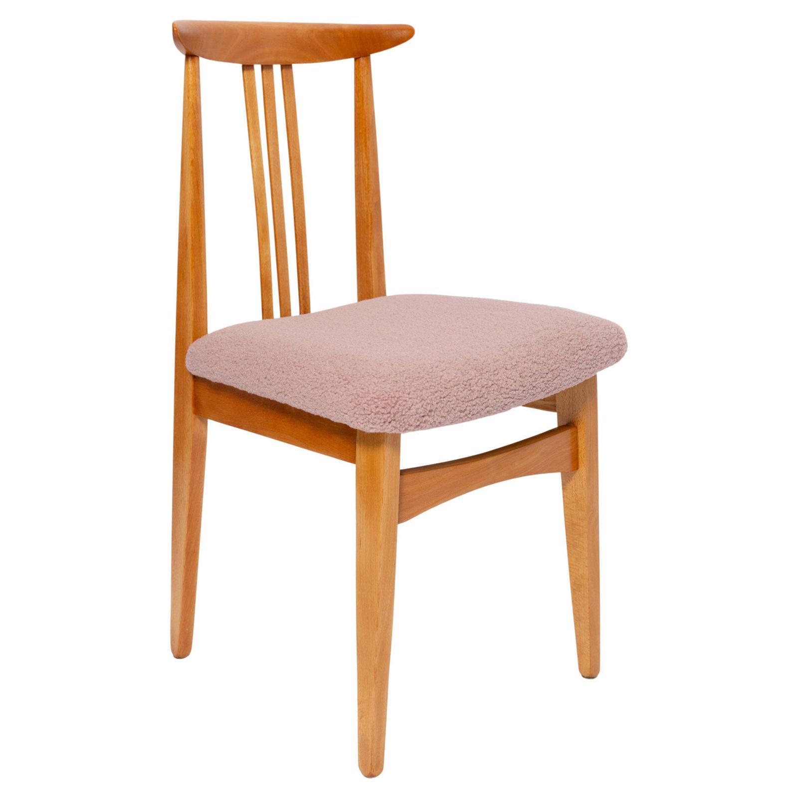 Mid Century Roze Boucle Fauteuil, Licht Hout, M. Zielinski, Europa, Jaren 1960