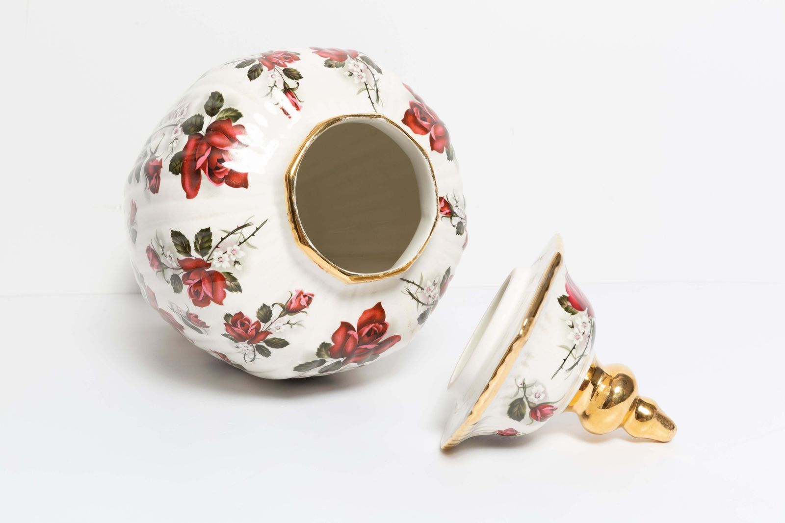photo furniture Big Ceramic Hand Painted Roses Vase Candy Box, 20th Century, Belgium, 1960s