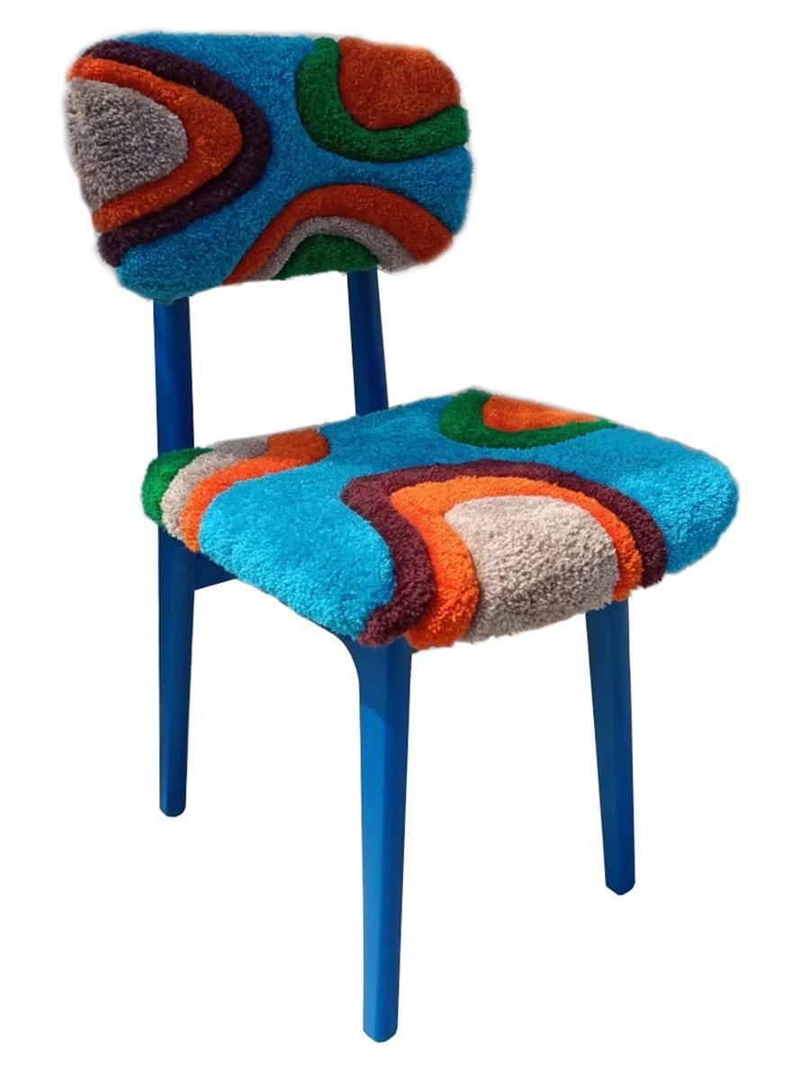Mid Century Hand Tufting Chair, Blue Wood, Rajmund Halas, Poland, 1960s photo furniture