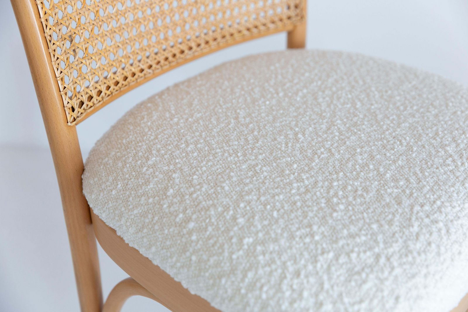 photo for sale Light White Boucle Thonet Wood Rattan Chair, 1960s