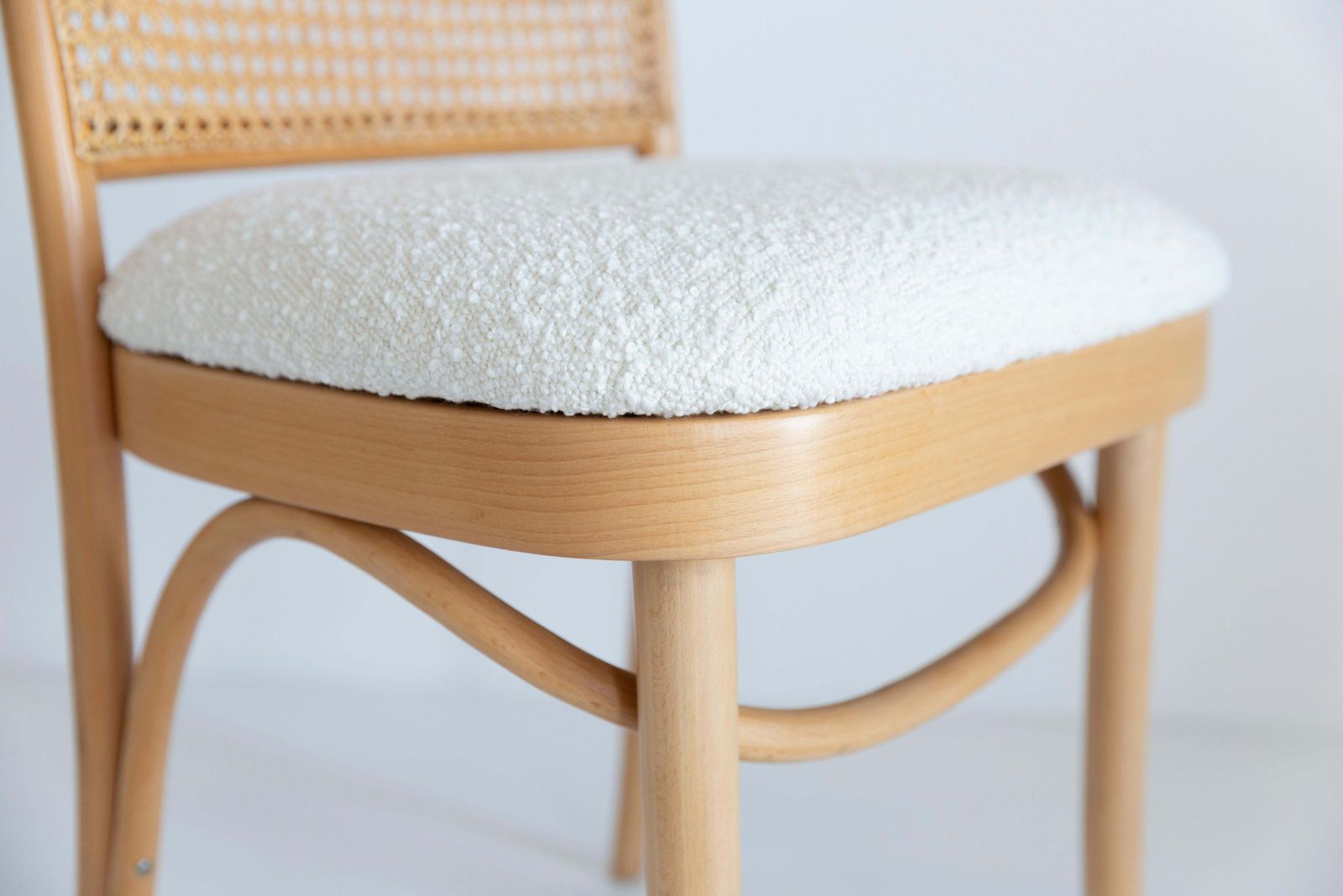 Furniture Light White Boucle Thonet Wood Rattan Chair, 1960s photo