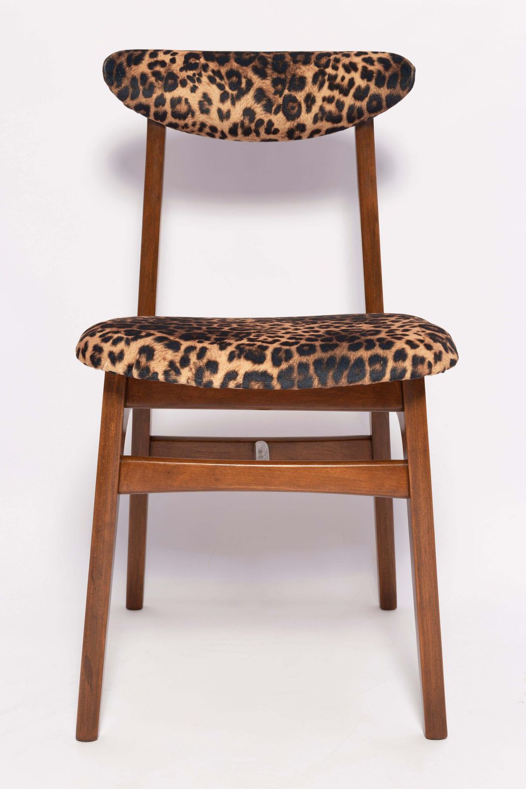 Mid Century Leopard Velvet Chair, Walnut Wood, Rajmund Halas, Poland, 1960s photo vinterior