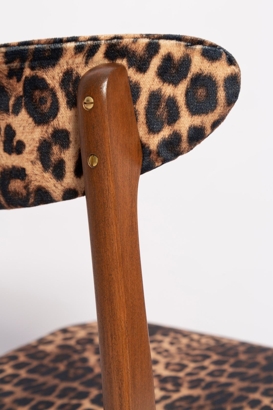 photo for sale Mid Century Leopard Velvet Chair, Walnut Wood, Rajmund Halas, Poland, 1960s