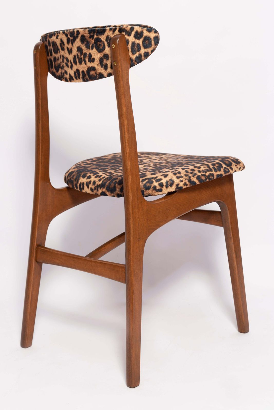 Furniture Mid Century Leopard Velvet Chair, Walnut Wood, Rajmund Halas, Poland, 1960s photo