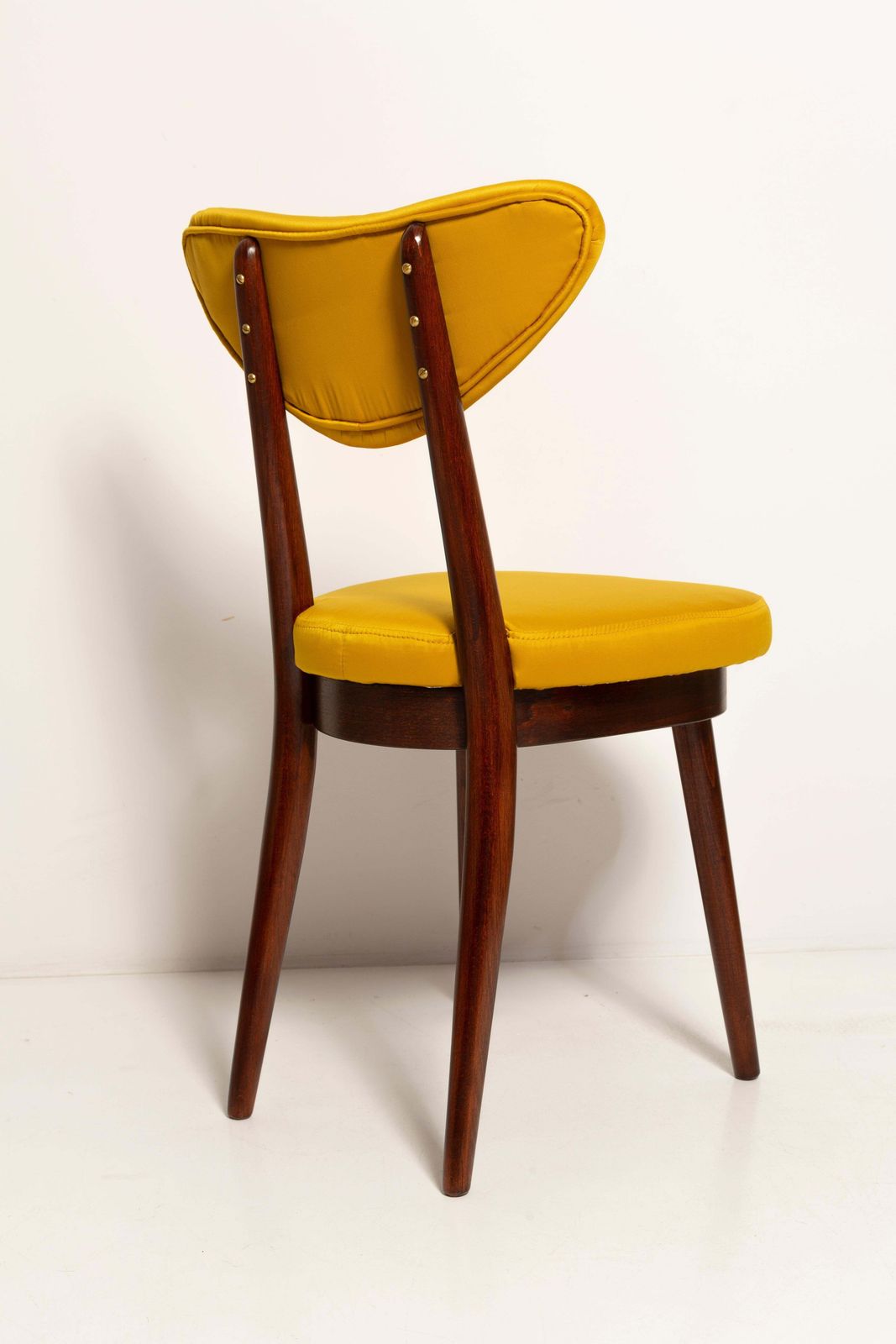 photo for sale Midcentury Heart Chair In Yellow Satin Dedar Gildo Fabric, Europe, 1960s