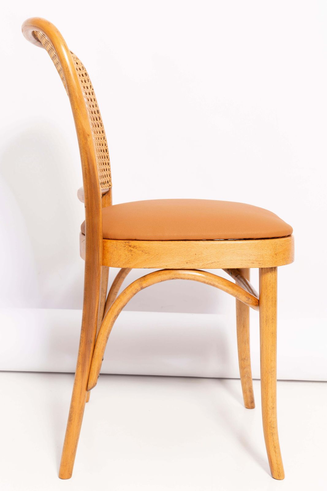 Camel Faux Leather Thonet Wood Rattan Chair, 1960s photo 595.0