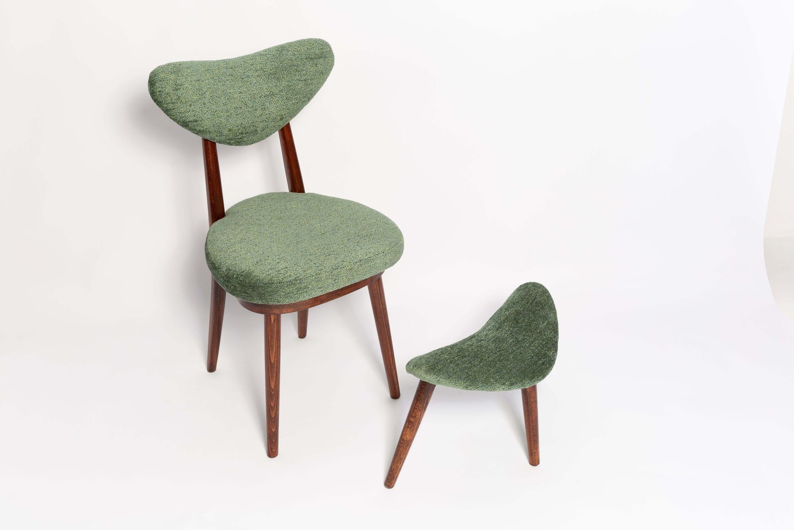 Mid Century Heart Chair And Stool, Green Velvet, Dark Wood, Europe 1960s photo furniture