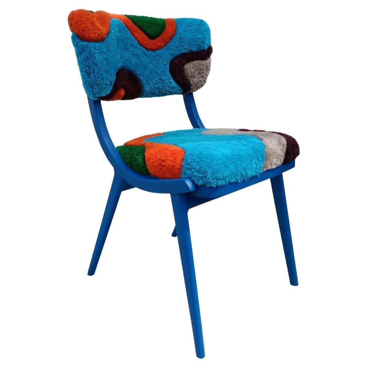 Mid Century Modern Bumerang Stoel, Handgeknoopte Bekleding In Blauwgroen Wol, Polen, Jaren 1960