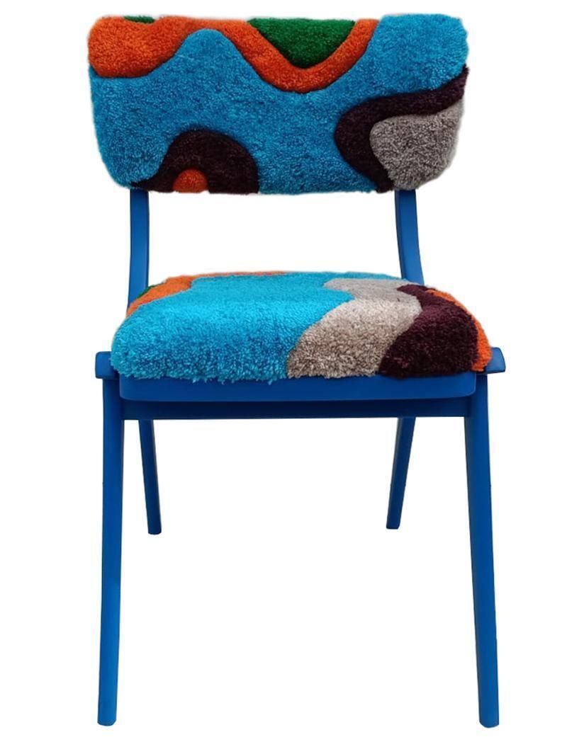 Mid Century Modern Bumerang Stoel, Handgeknoopte Bekleding In Blauwgroen Wol, Polen, Jaren 1960 photo vinterior