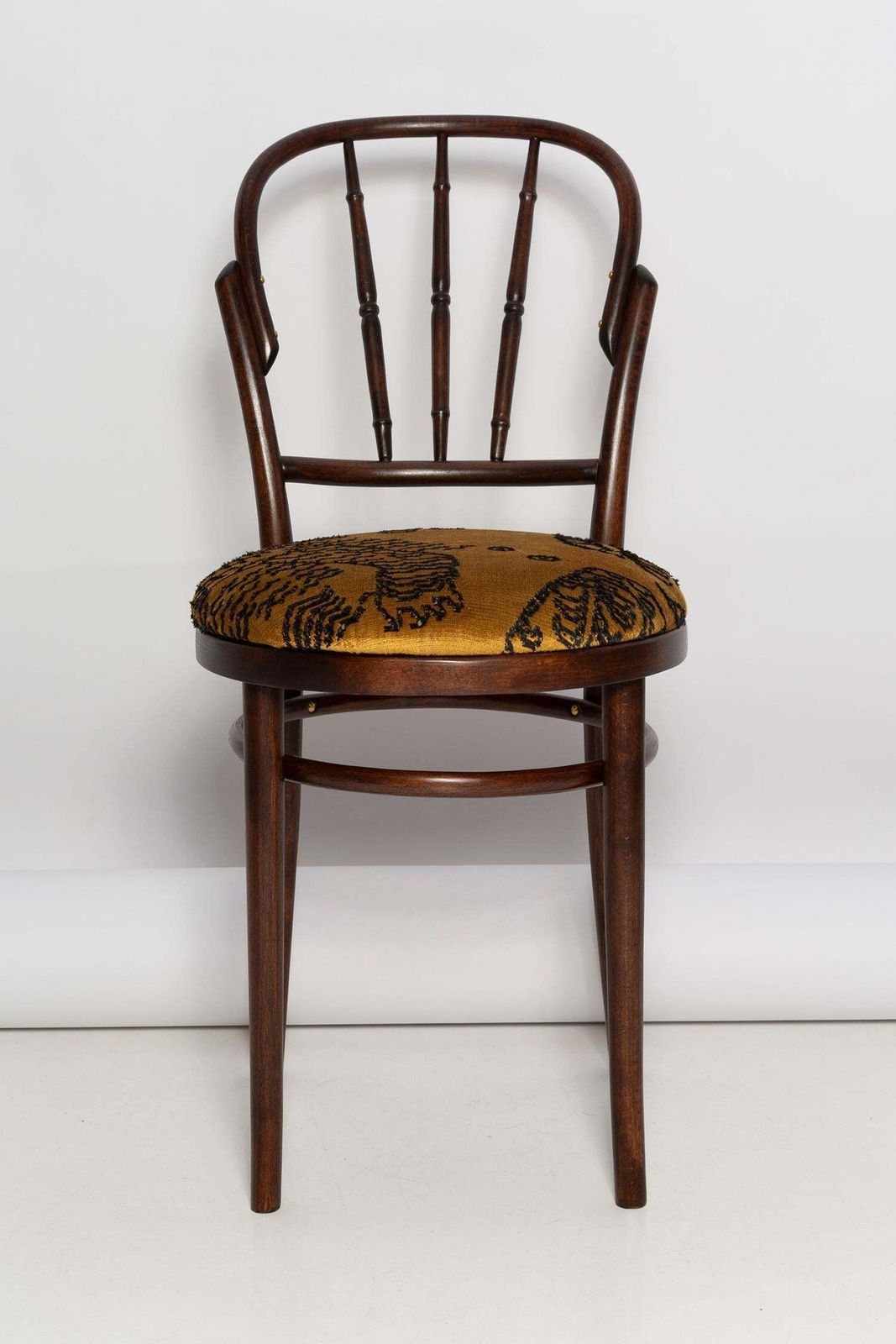 photo for sale Pair Of Mid Century Beige Tiger Dedar Chairs, Fameg Factory, Poland, 1960s
