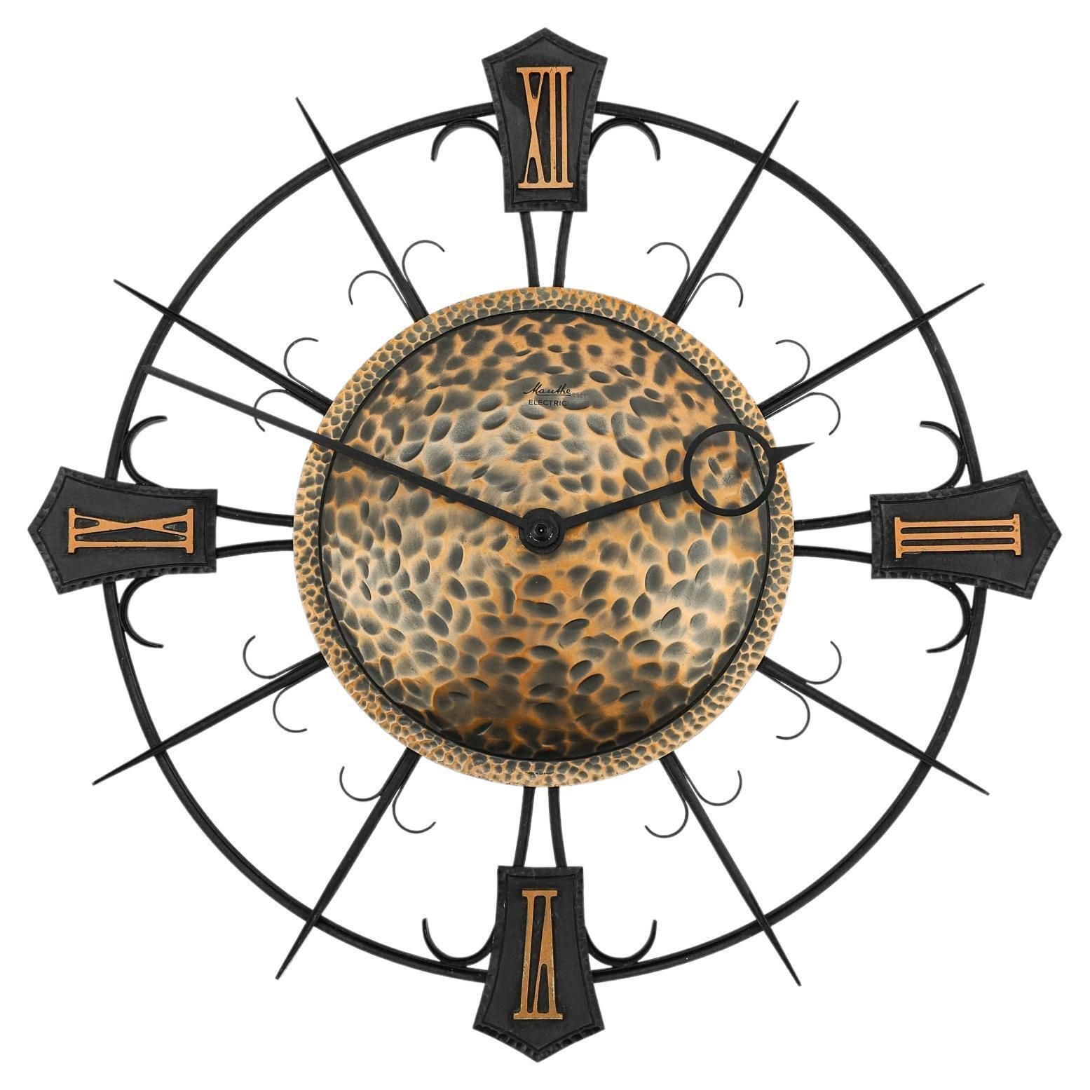 Mid Century Modern Iron And Copper Wall Clock By Mauthe Electric, 1960s