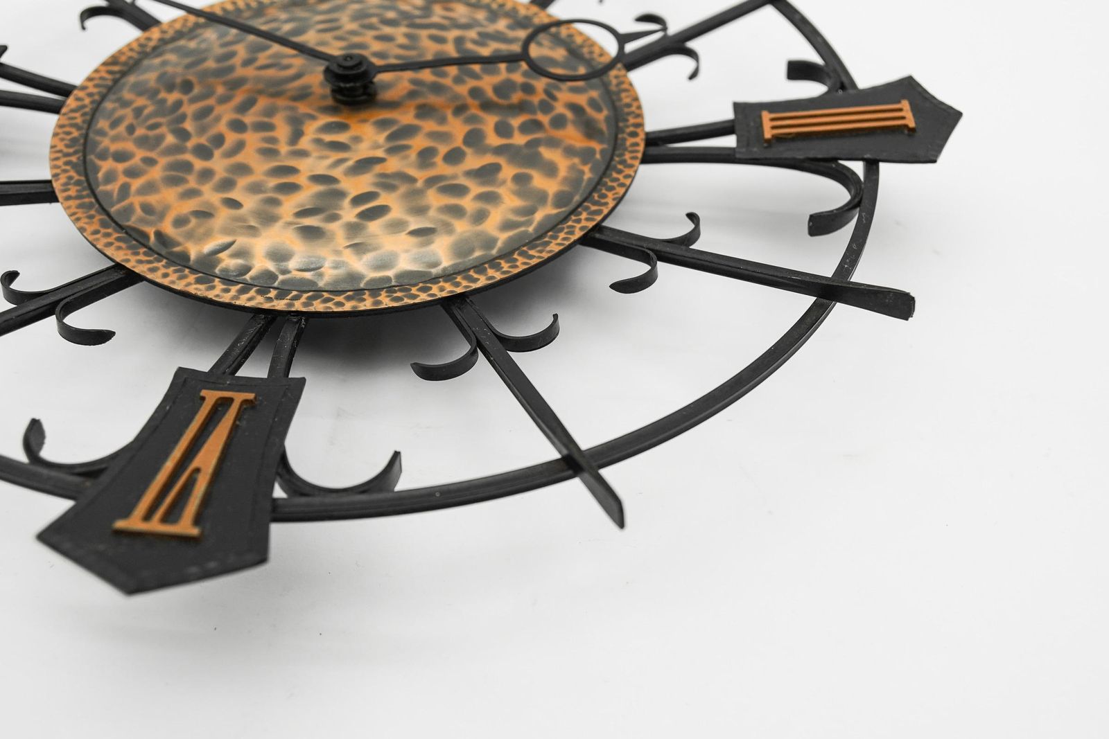 Mid Century Modern Iron And Copper Wall Clock By Mauthe Electric, 1960s photo for sale