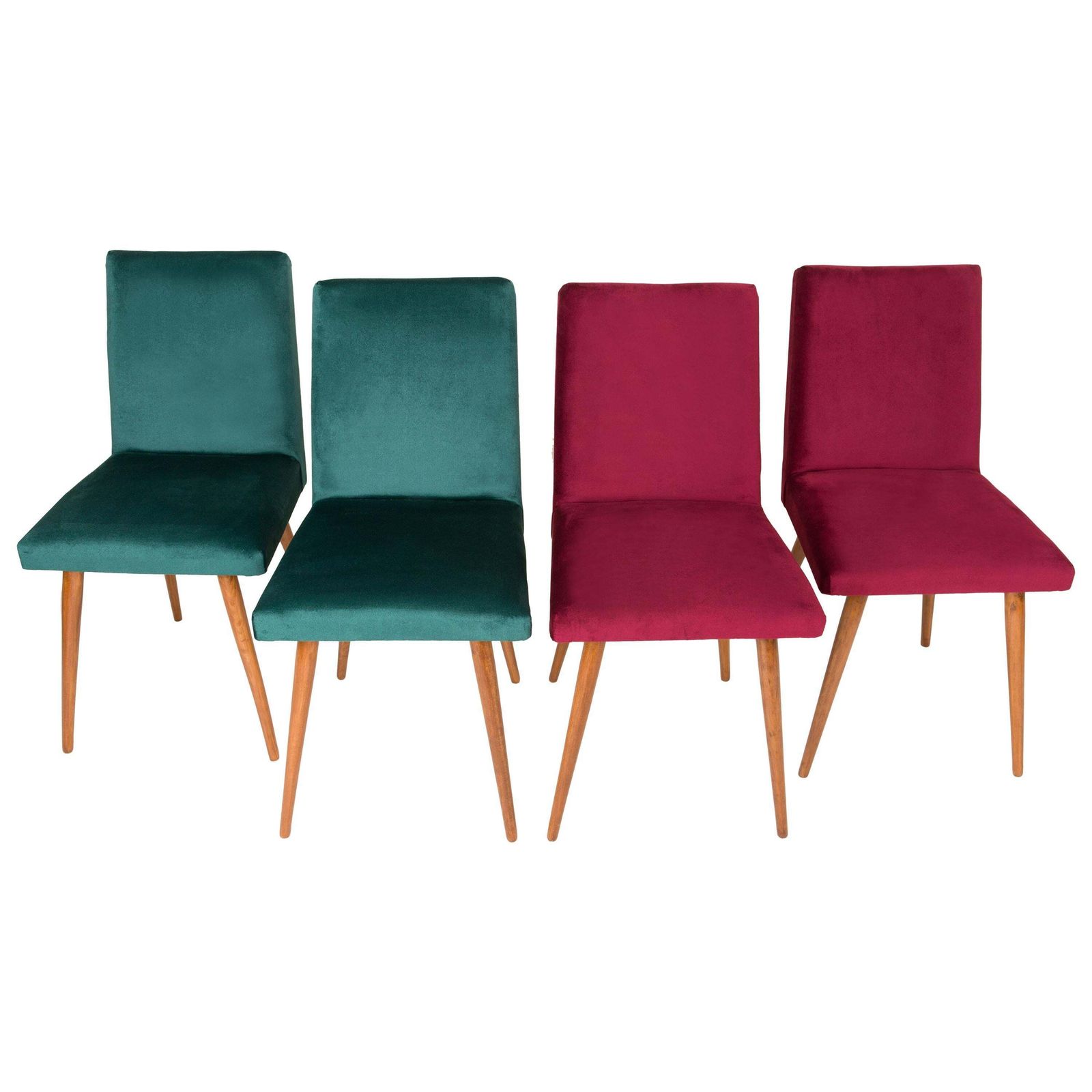Set Van Vier 20e Eeuwse Stoelen Met Donkergroen En Bordeauxrood Fluwelen Bekleding, Ca. Jaren 1960