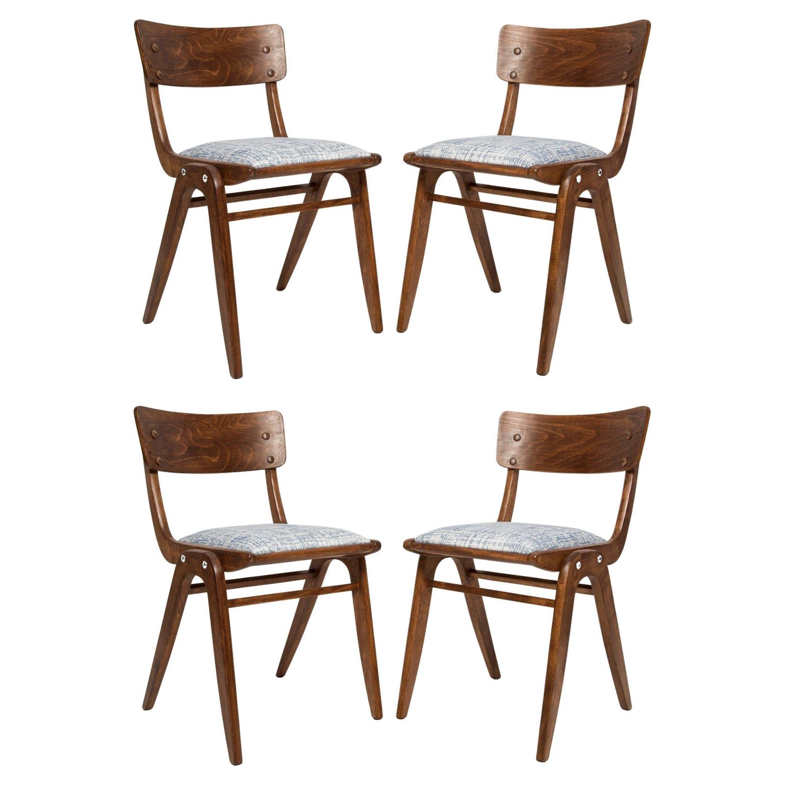 Vier Mid Century Stoelen Met Wit Blauw Linnen Bekleding En Donker Hout, Boemerangvorm, Polen, Jaren 1960