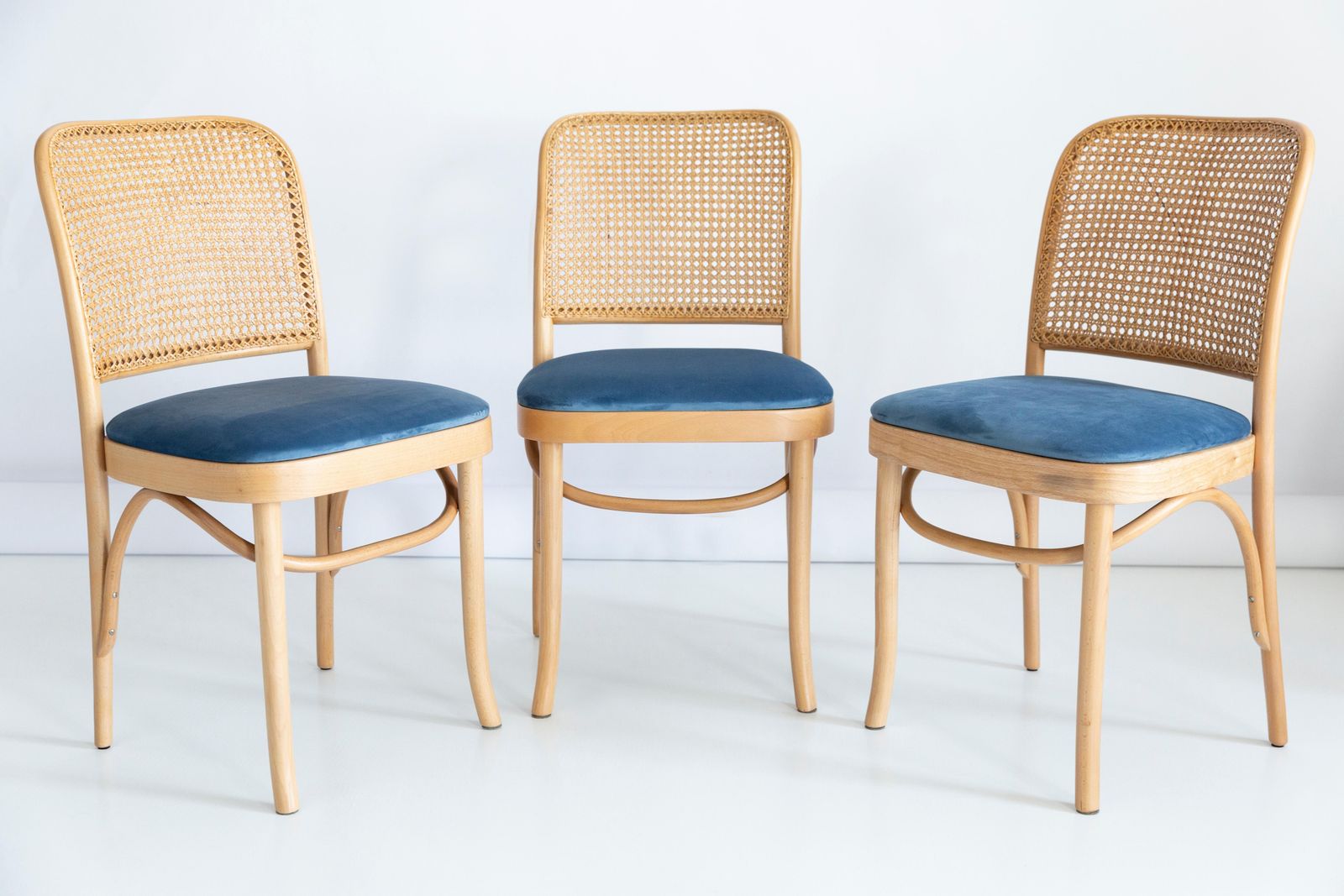 Set Of Four Blue Velvet Thonet Wood Rattan Chairs, 1960s photo for sale
