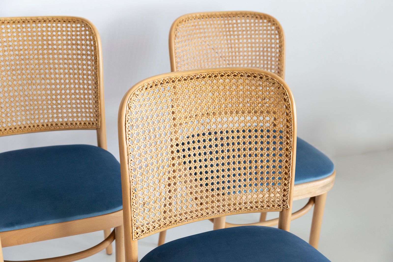Furniture Set Of Four Blue Velvet Thonet Wood Rattan Chairs, 1960s photo