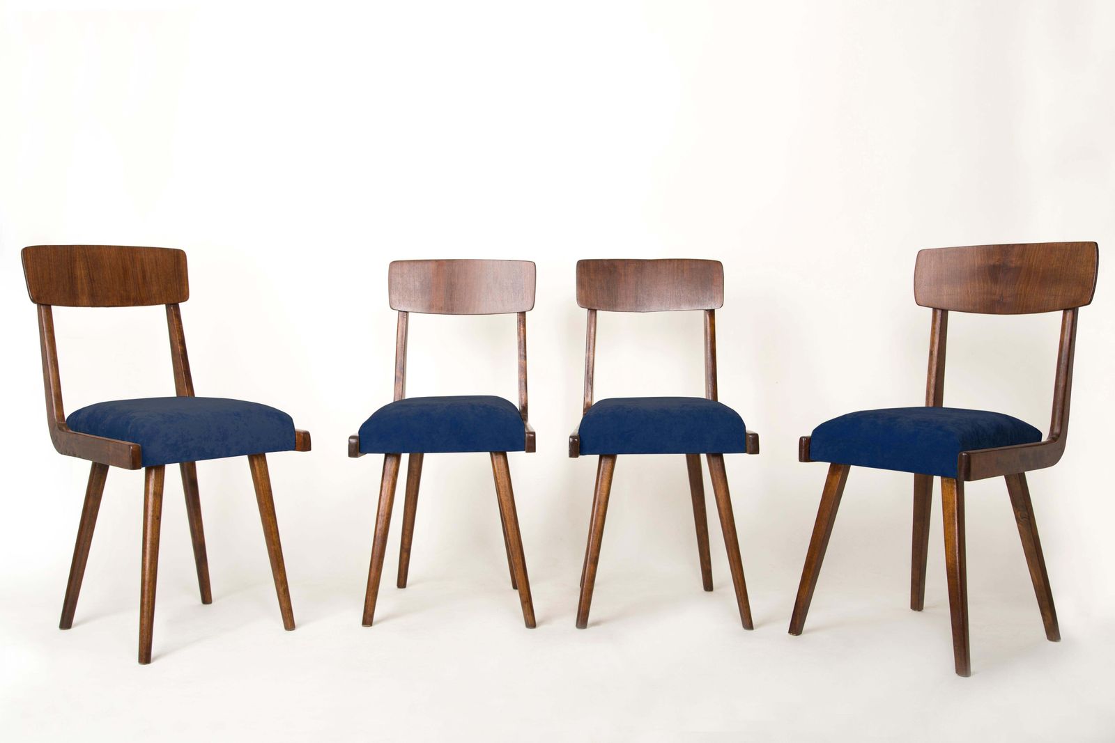 Set Of Four Mid Century Navy Blue Velvet Wood Chairs, Europe, 1960s photo furniture