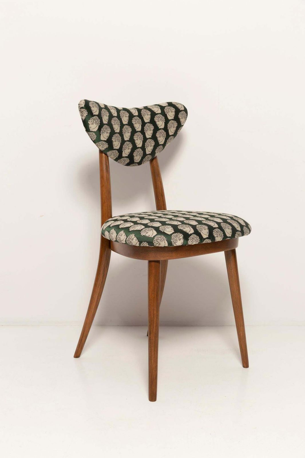 photo for sale Midcentury David Print Emerald Satin, Walnut Wood Heart Chair, Europe, 1960s