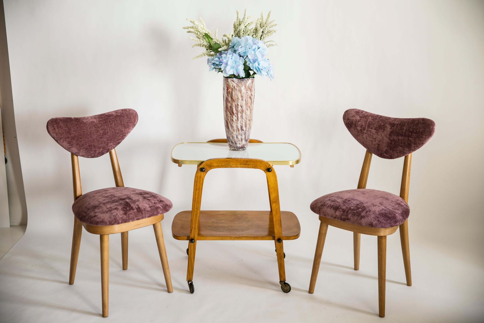Pair Of Midcentury Plum Violet Velvet Light Wood Heart Chairs, Europe, 1960s photo furniture