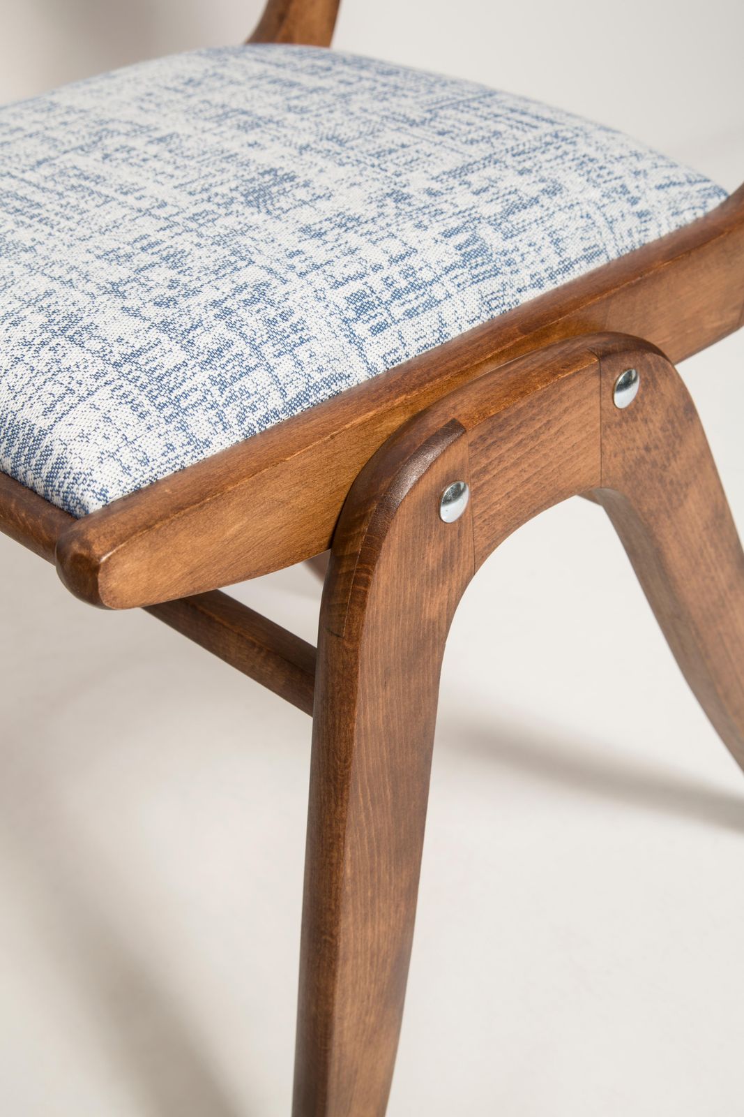 photo buy Pair Of Midcentury White Blue Linen Boomerang Chairs, Dark Wood, Poland, 1960s