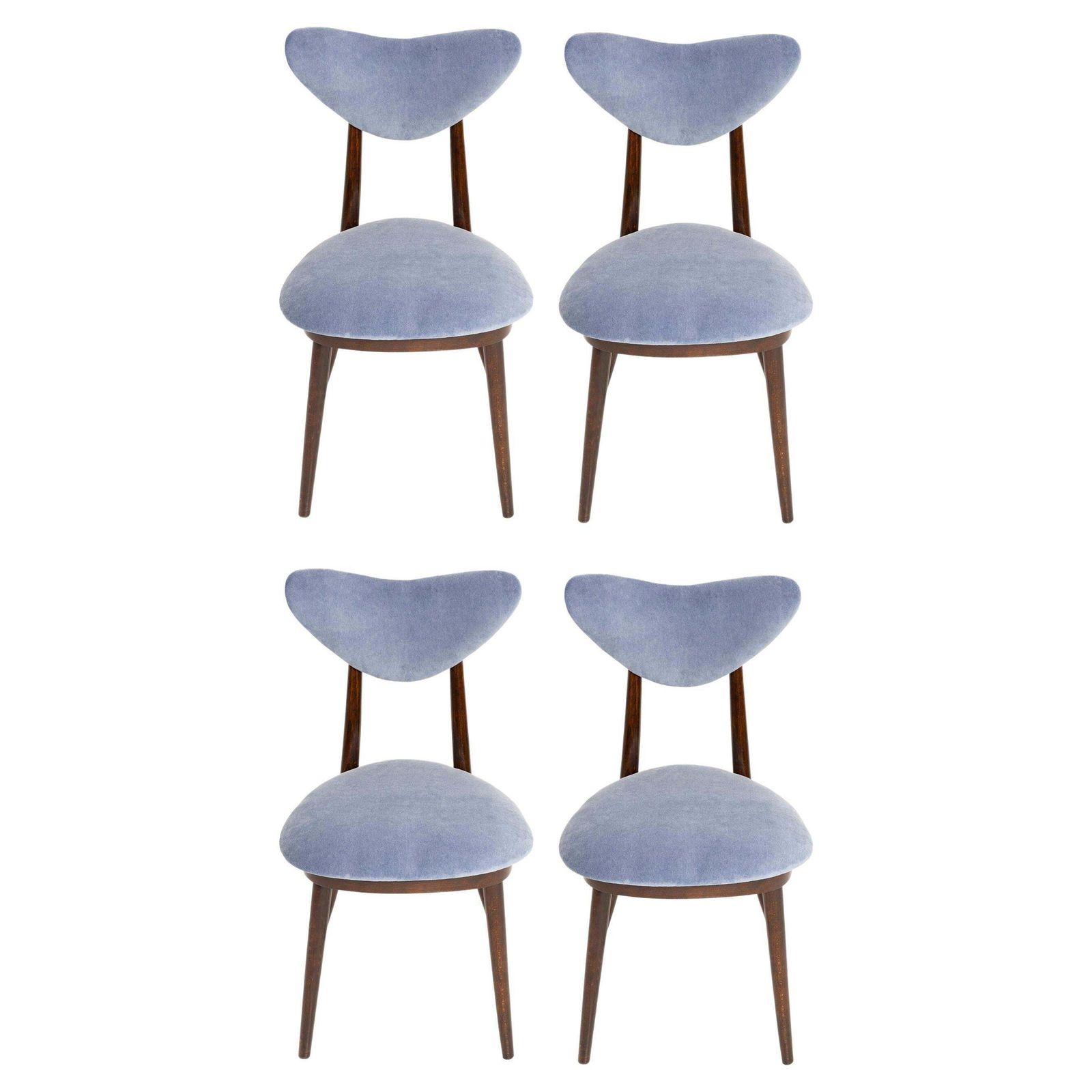 Set Van Vier Mid Century Stoelen Met Hartvormige Rugleuning In Violet Blauw Katoenen Velours, Europa, Jaren 1960