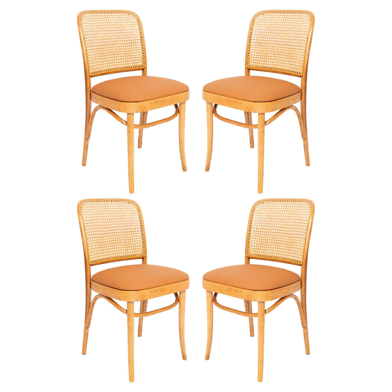 Set Van Vier Mid Century Stoelen Met Rattan, Camel Kunstleer En Hout – Thonet, Ca. Jaren 1960