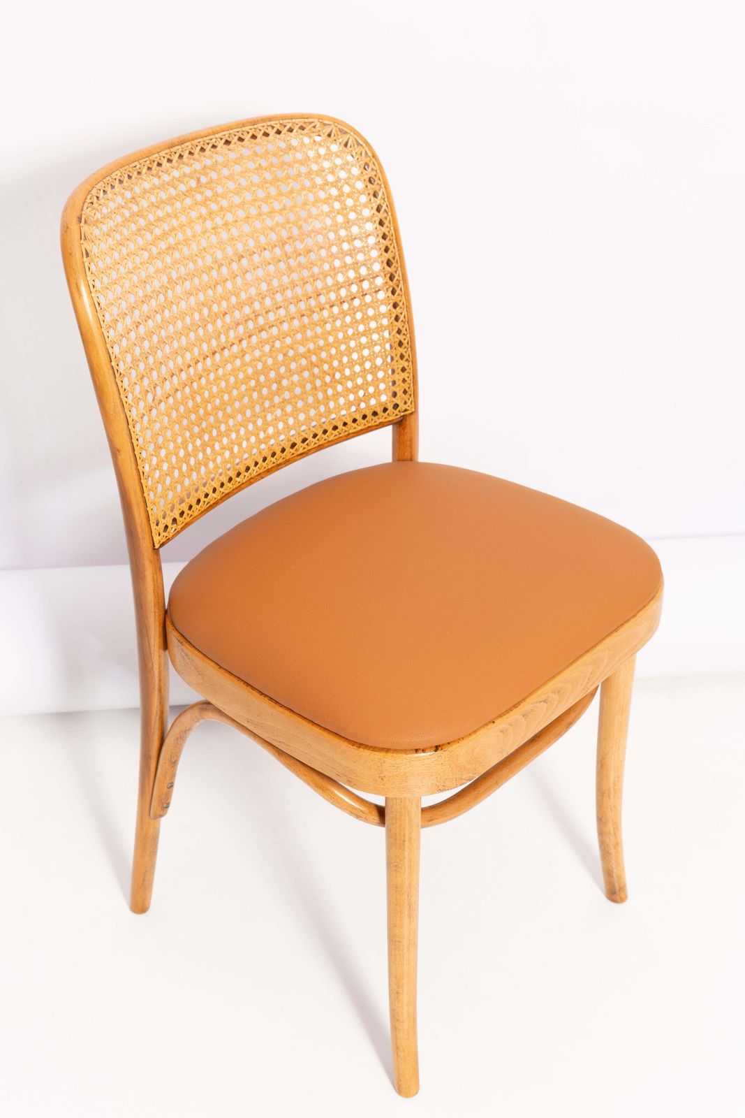 Set Of Four Mid Century Camel Faux Leather Thonet Wood Rattan Chairs, 1960s photo Furniture