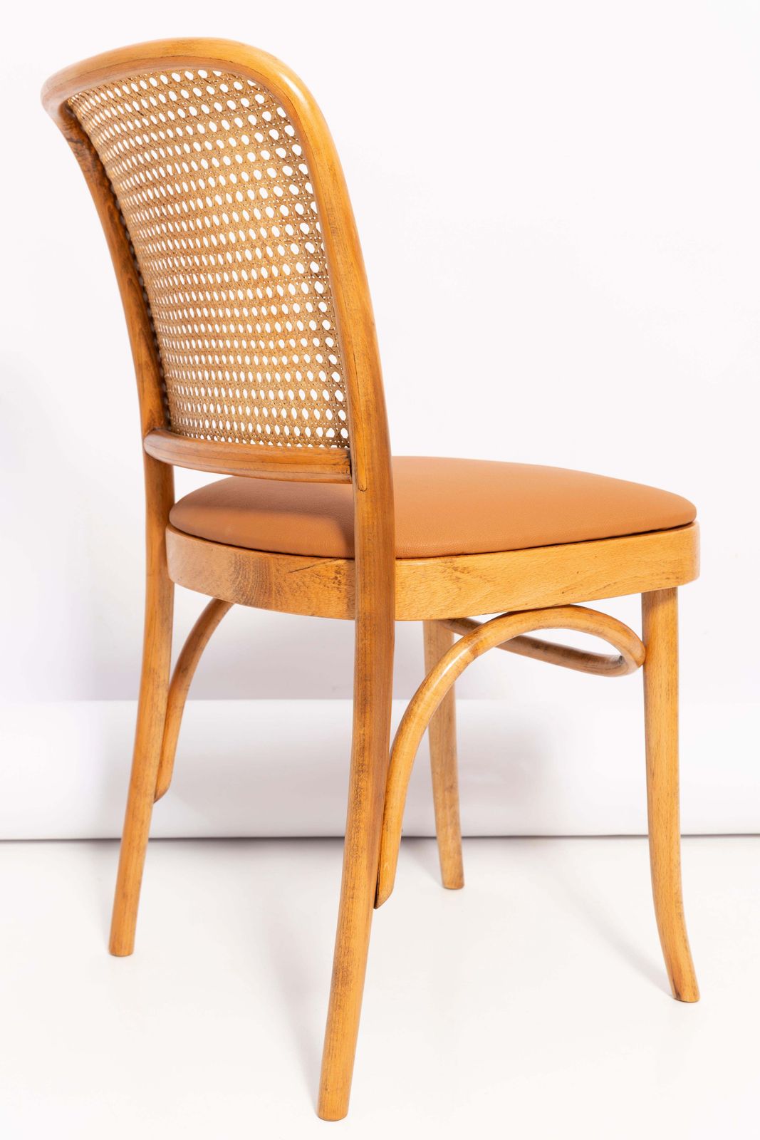 Set Of Four Mid Century Camel Faux Leather Thonet Wood Rattan Chairs, 1960s photo 2381.0