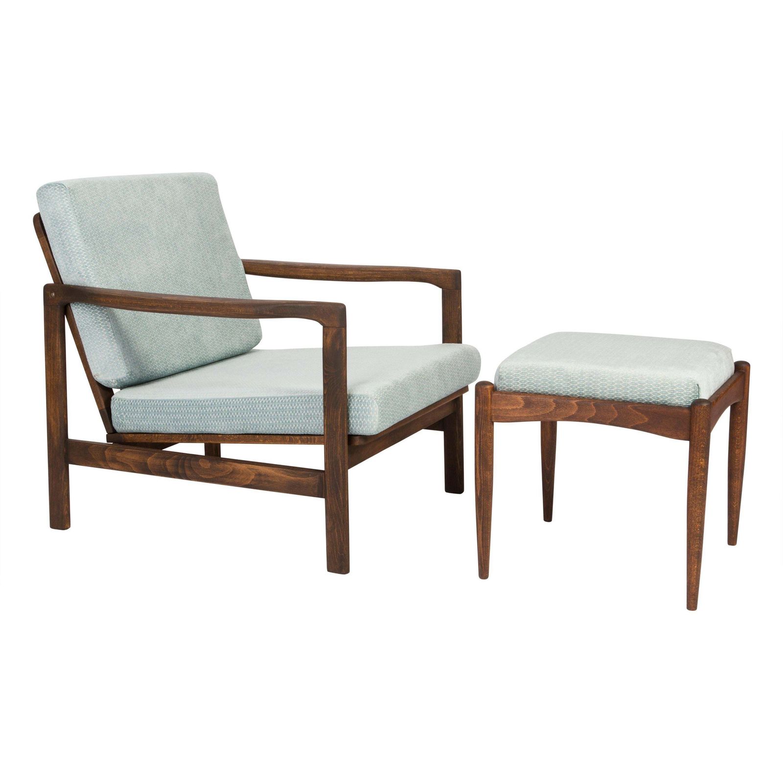Midcentury Blue Velvet Armchair With Stool, Zenon Baczyk, 1960s