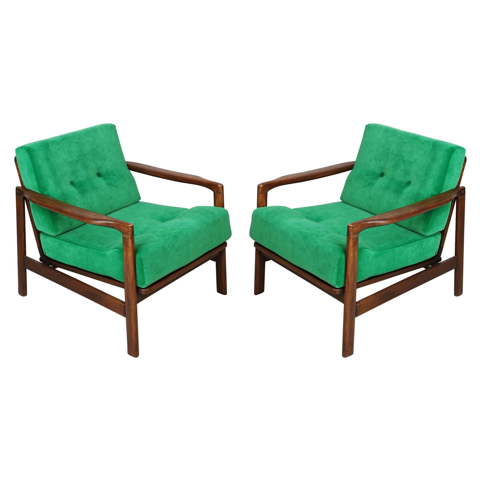 Paar Mid Century Groene Velvet Fauteuils, Zenon Baczyk, Jaren 1960