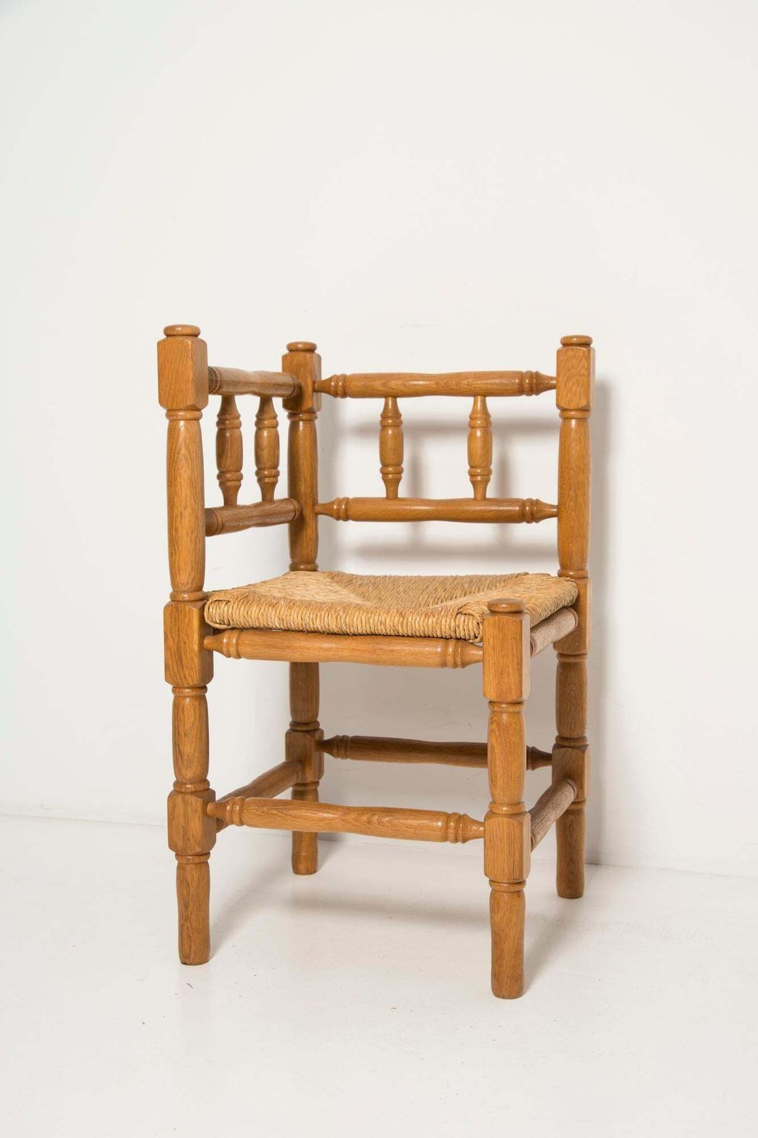 Mid Century Antique Provincial Hand Crafted Bobbin Corner Chair, France, 1940s photo for sale