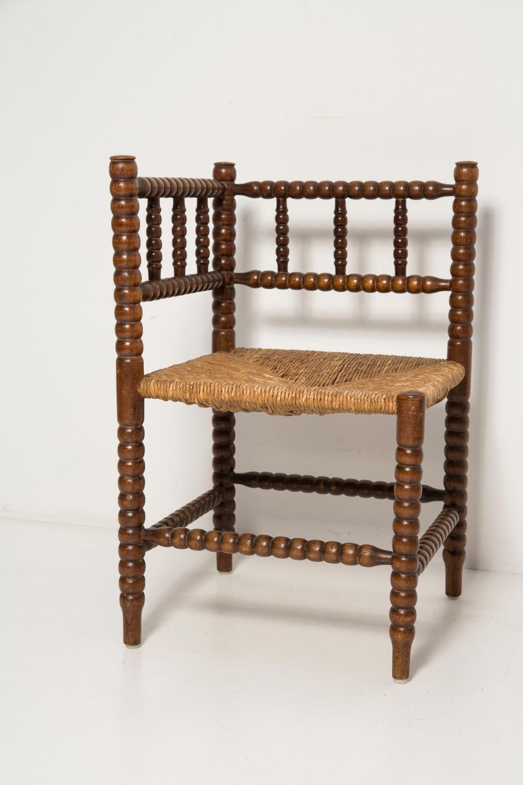 Mid Century Antique Provincial Hand Crafted Bobbin Corner Chair, France, 1940s photo for sale