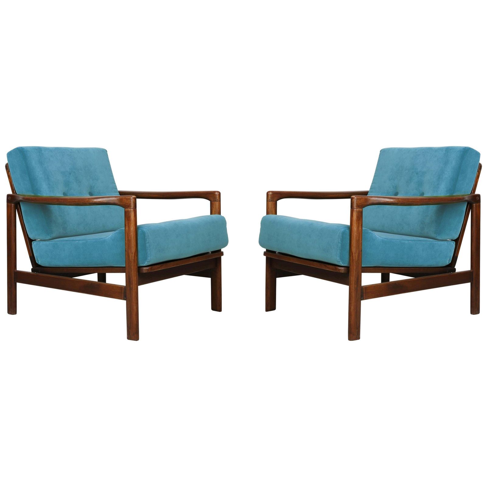 Set Of Two Midcentury Blue Velvet Armchairs, Zenon Baczyk, 1960s