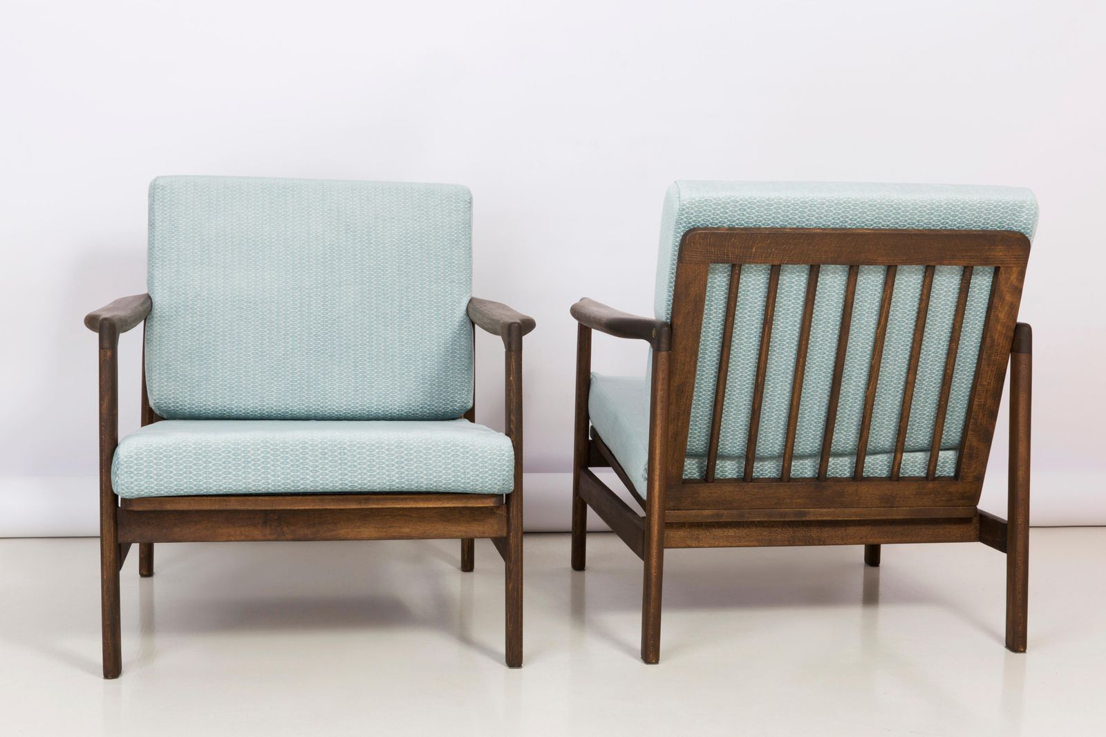 Set Of Two Midcentury Baby Blue Pattern Velvet Armchairs, Zenon Baczyk, 1960s photo vinterior
