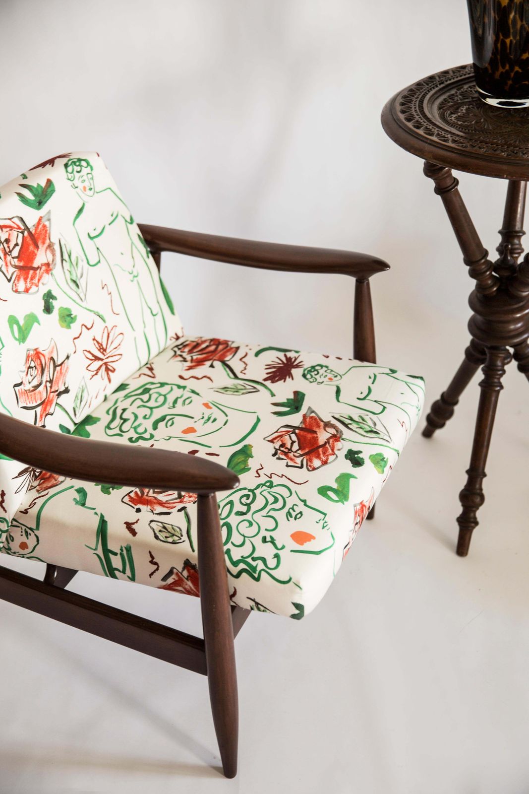 Pair Of Midcentury David Print White Armchairs, By Kedziorek, Europe, 1960s photo for sale
