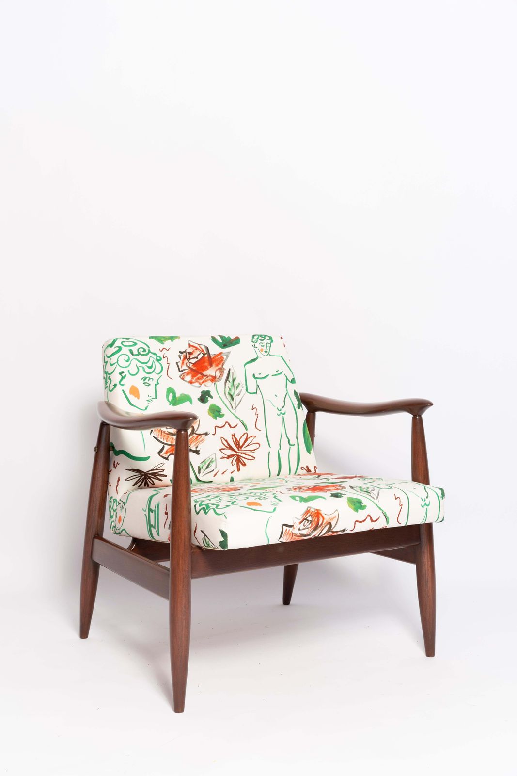Pair Of Midcentury David Print White Armchairs, By Kedziorek, Europe, 1960s photo buy