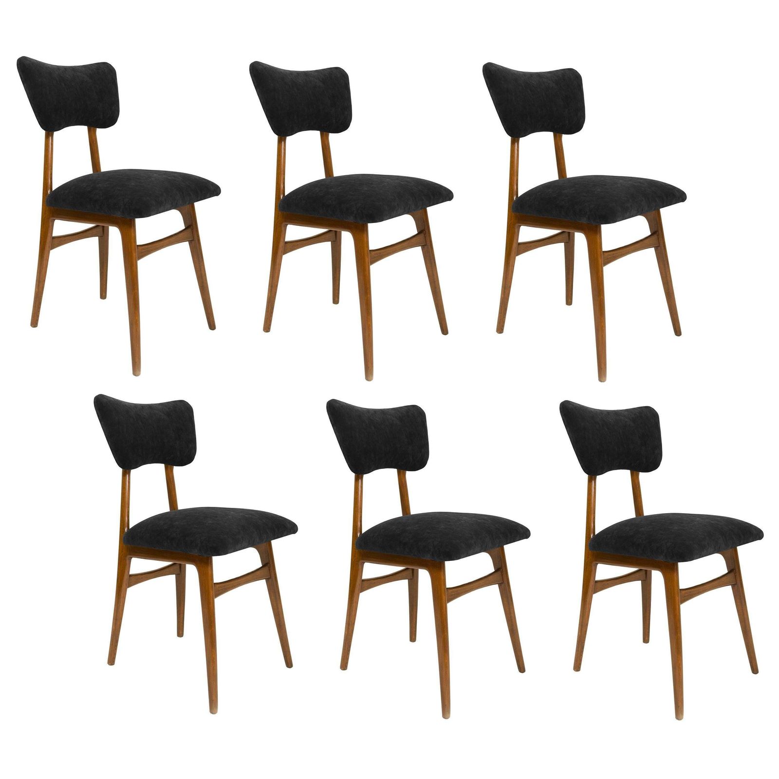 Set Of Six 20th Century Black Velvet Chairs, 1960s