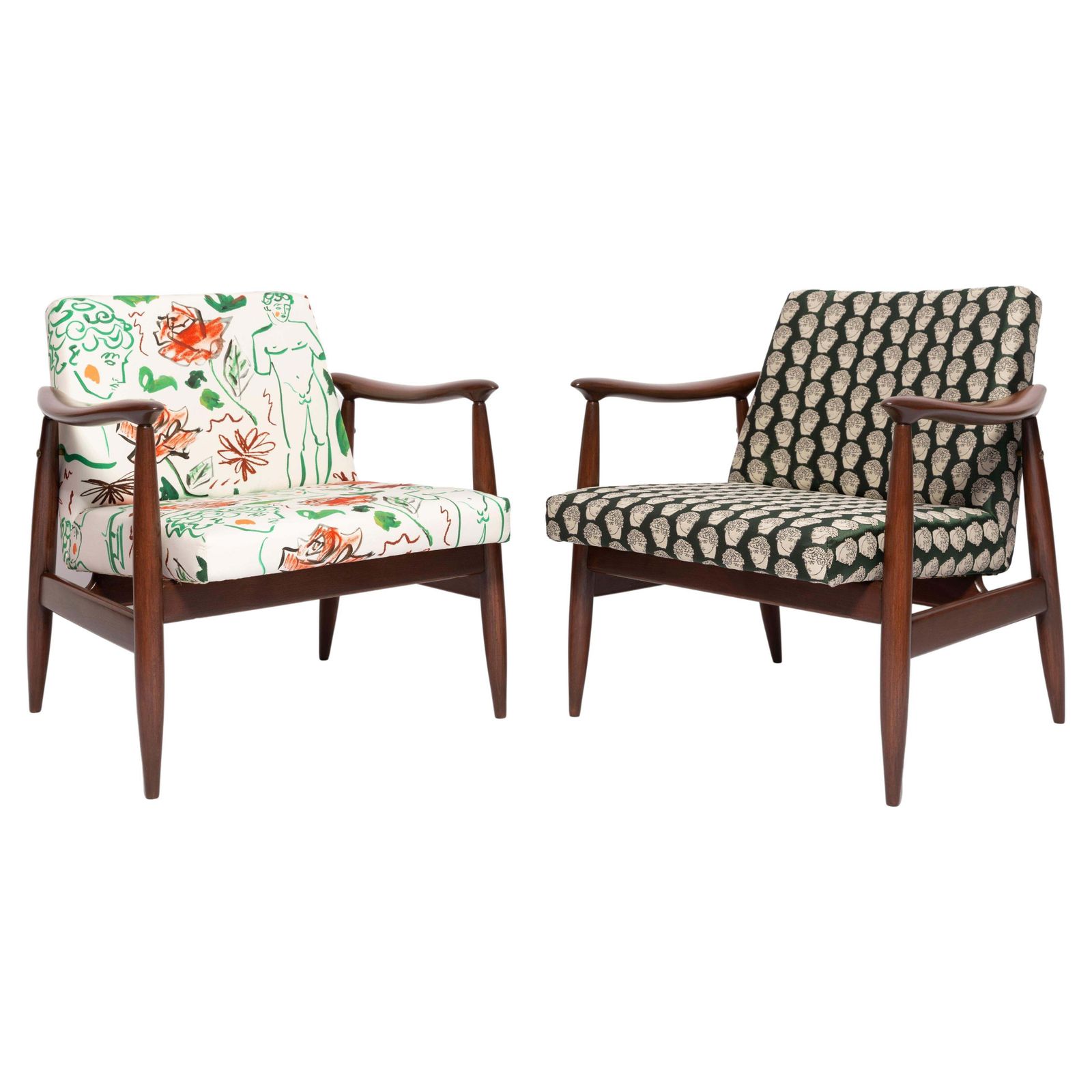 Pair Of Midcentury David Print Emerald Armchairs, By Kedziorek, Europe, 1960s