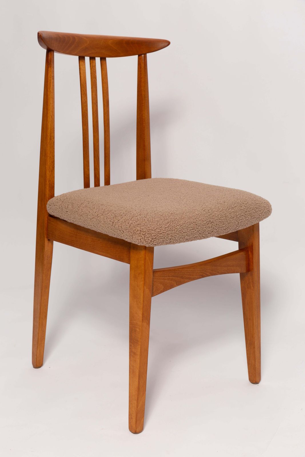 Six Mid Century Latte Boucle Chairs, Medium Wood, M. Zielinski, Europe 1960s photo furniture