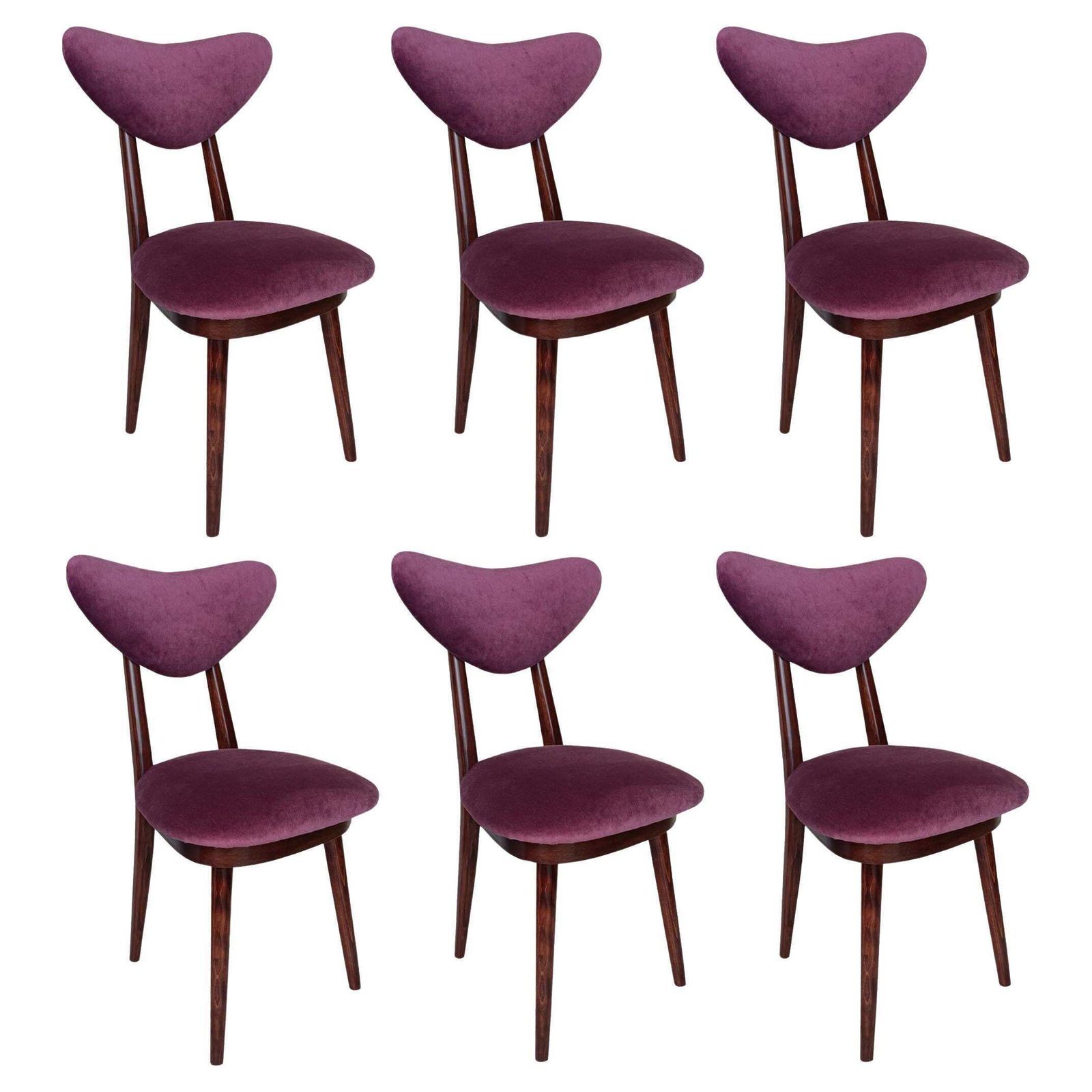 Six Mid Century Plum Purple Velvet, Walnut Wood, Heart Chairs, Poland, 1960s